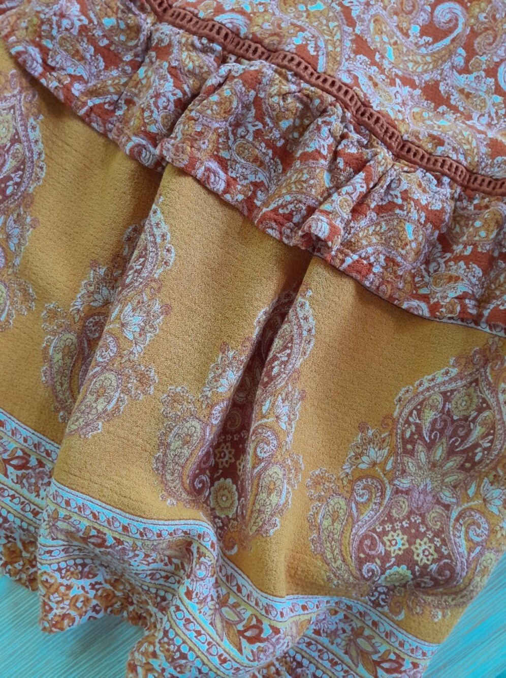 Cynthia Rowley Boho Paislay Maxi Skirt Orange Tassel Tie - Picture 6 of 15